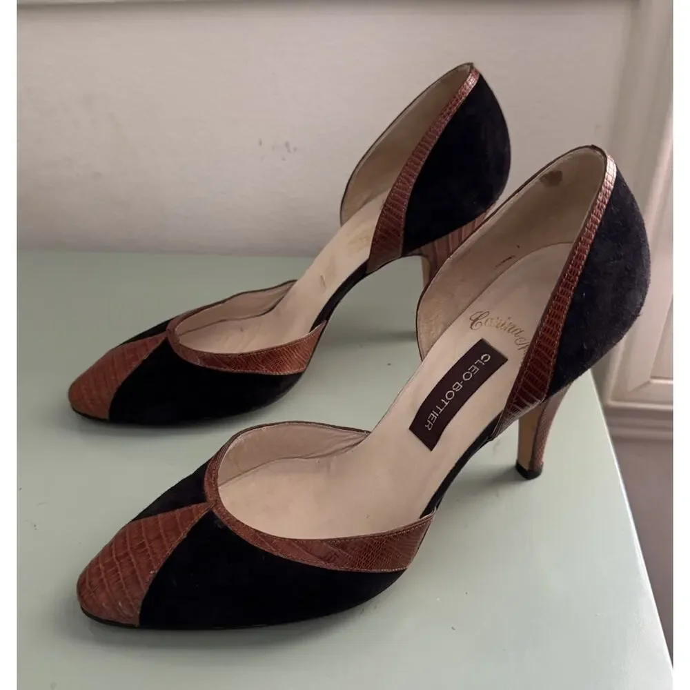 Vintage 90s Cleo Bottier Brown Alligator Black Suede Pumps Italy EU‎ 37 US 6.5